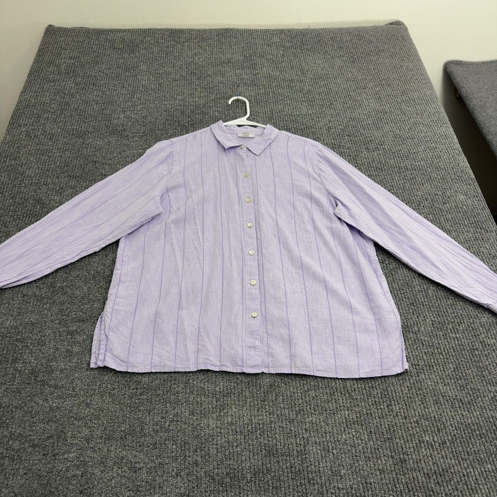 J Jill Button Down Shirt Womens L Purple Linen Striped Long Sleeve Casual Basic